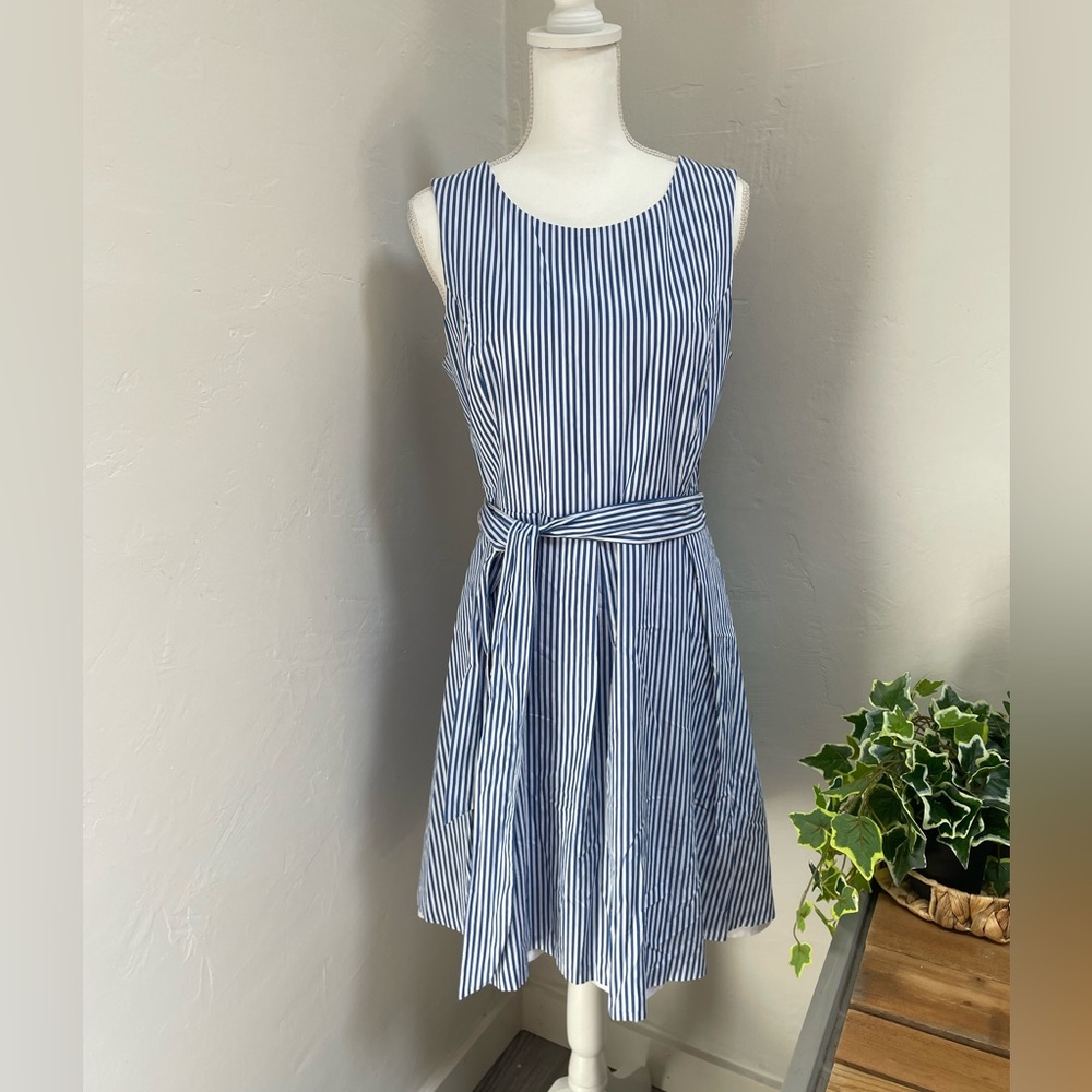 Pappagallo Fit &‎ Flare Blue and White Striped Nautical Dress with Sash